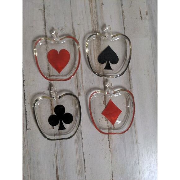 Other - 4 Vintage Glass Ashtrays Apple Shaped Playing Cards Pattern coin-key dish poker